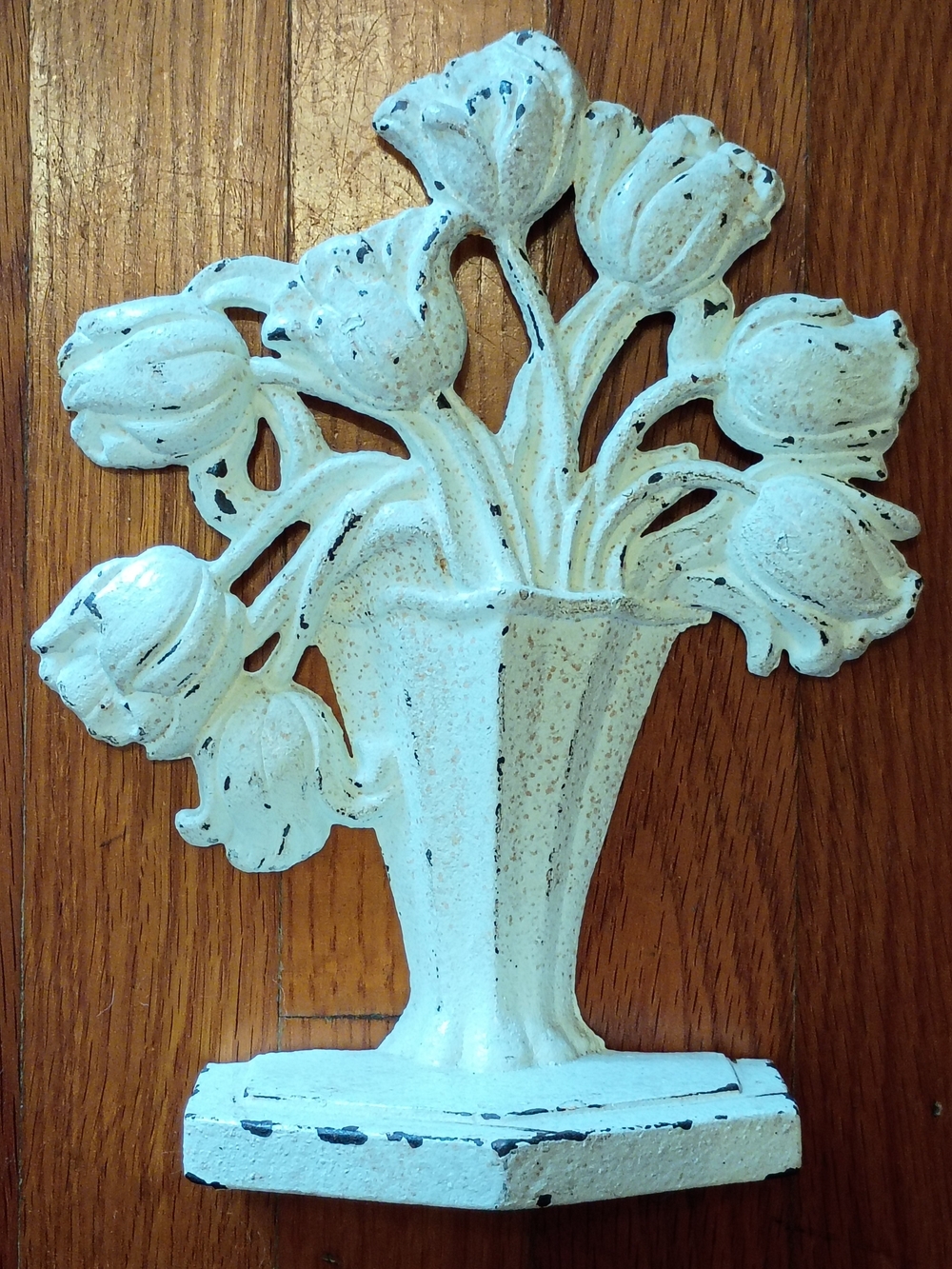 Antique 1920s Hubley Cast Iron Door Stop Tulips Flowers In Deco Vase Floral